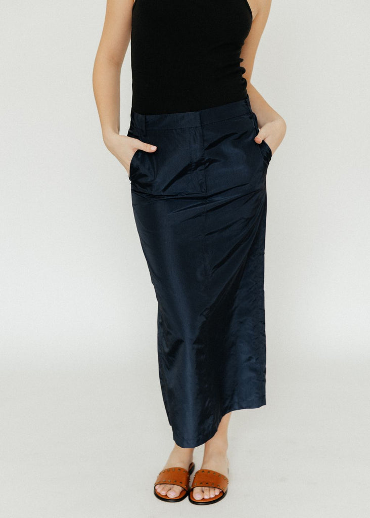 Tibi Silk Nylon Maxi Skirt in Navy front | Tula's Online Boutique