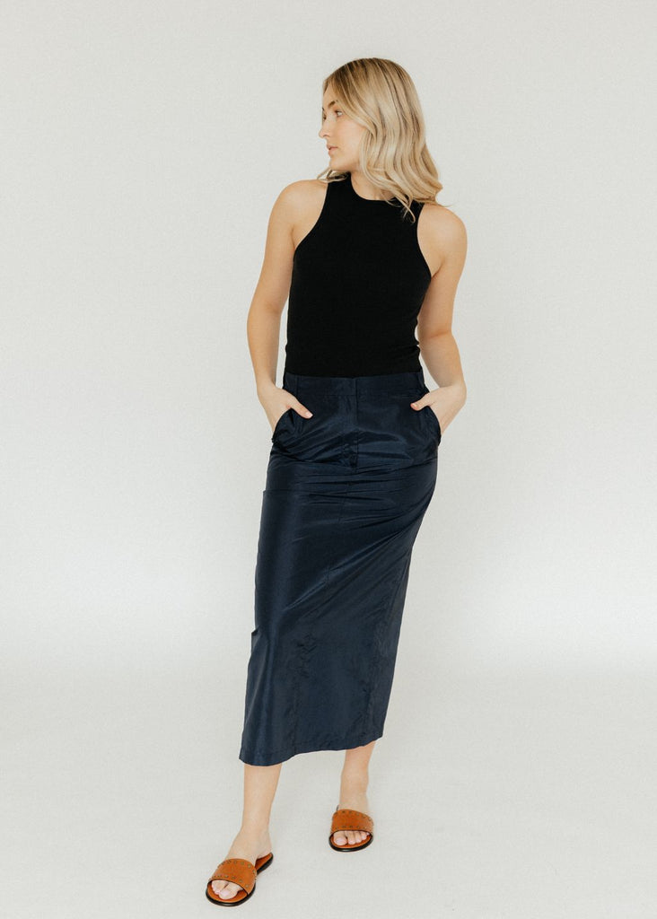 Tibi Silk Nylon Maxi Skirt in Navy | Tula's Online Boutique