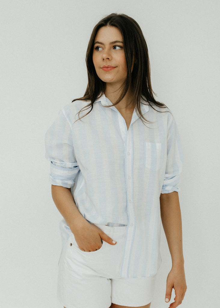 Frank & Eileen Button Up in Wide Blue Stripe Chambray | Tula's Online Boutique