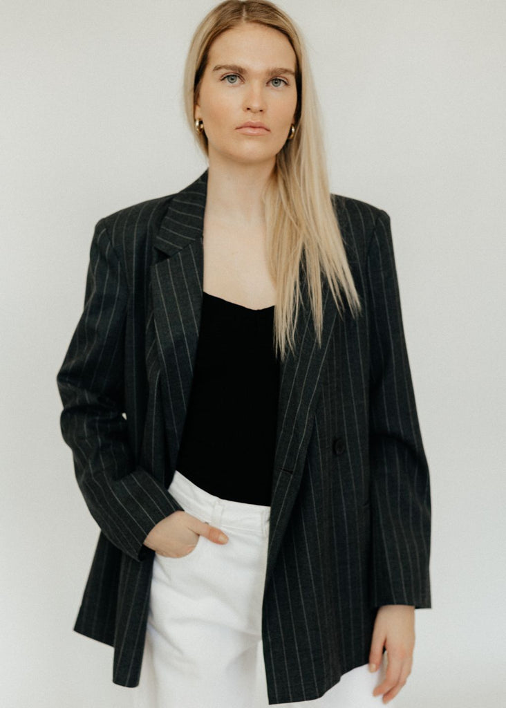 Anine Bing Kaia Blazer in Grey Pinstripe | Tula's Online Boutique