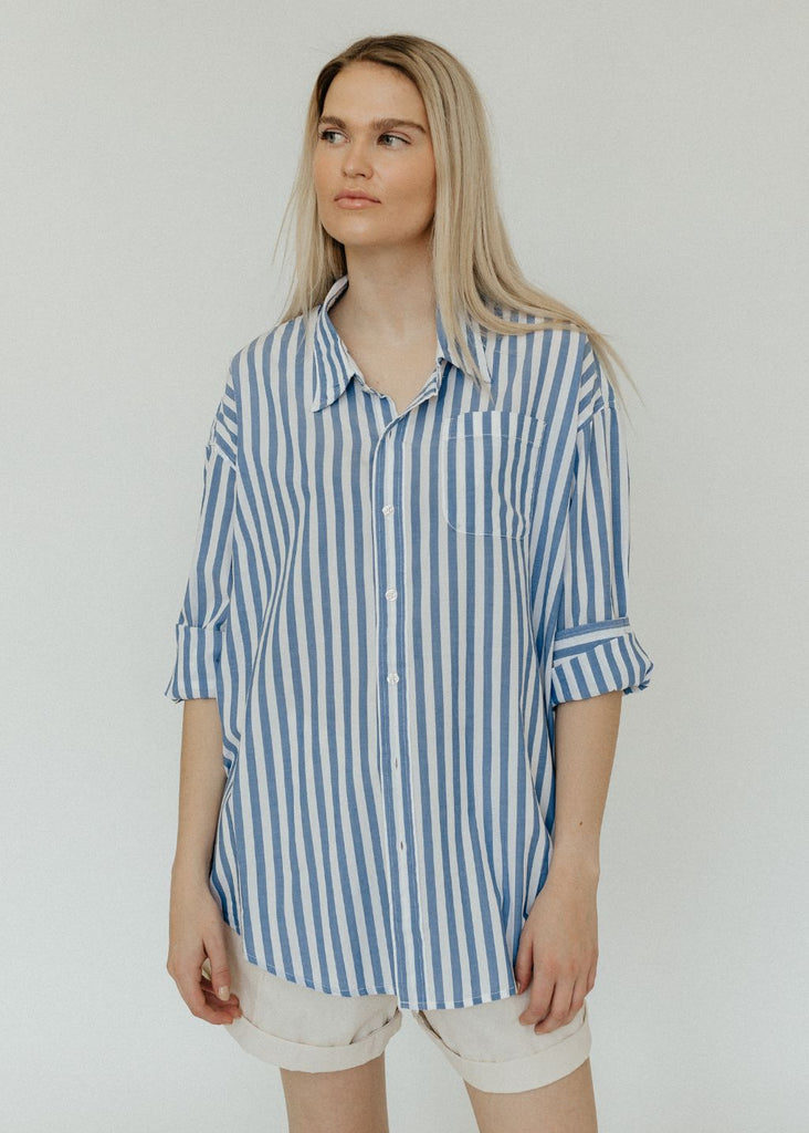 Denimist Button Front Shirt in Wide Blue Stripe | Tula's Online Boutique