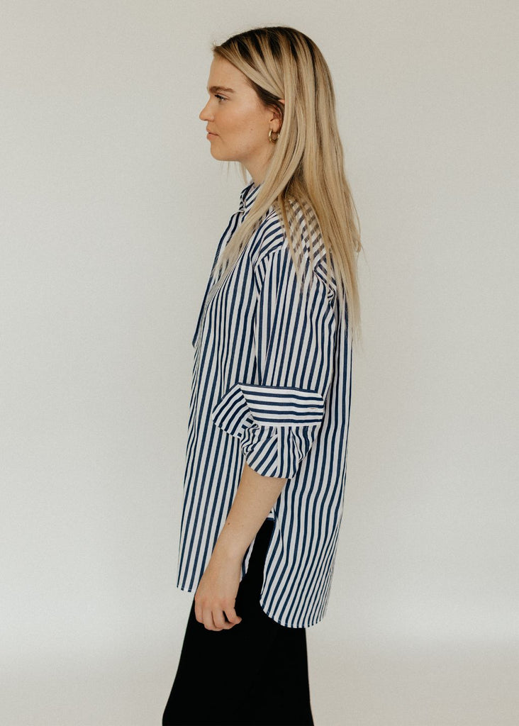 Nili Lotan Yorke Shirt in Large Navy/White Stripes Side | Tula's Online Boutique