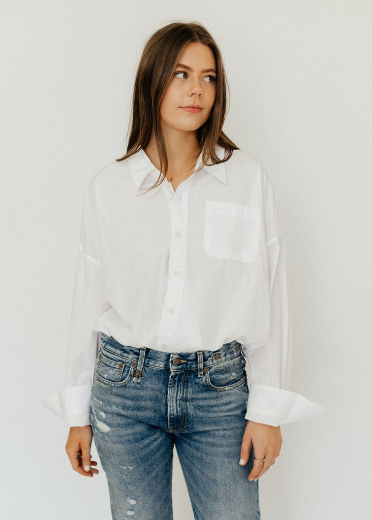 R13 Crossover Bubble Shirt in White Front | Tula's Online Boutique