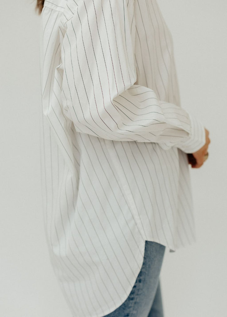 Frank & Eileen Shirley Oversized Shirt in BTS Close up Details | Tula's Online Boutique