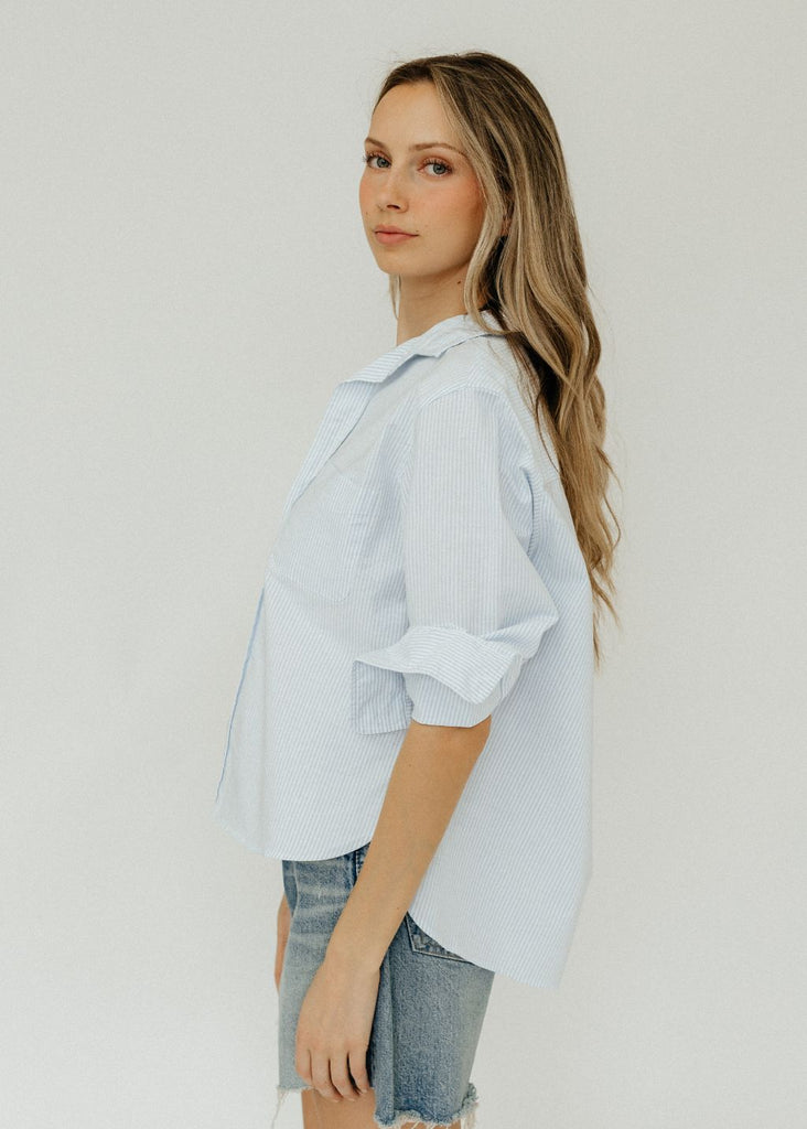 Frank & Eileen "Silvio" Button Up in Light Blue Stripe Side View| Tula's Online Boutique