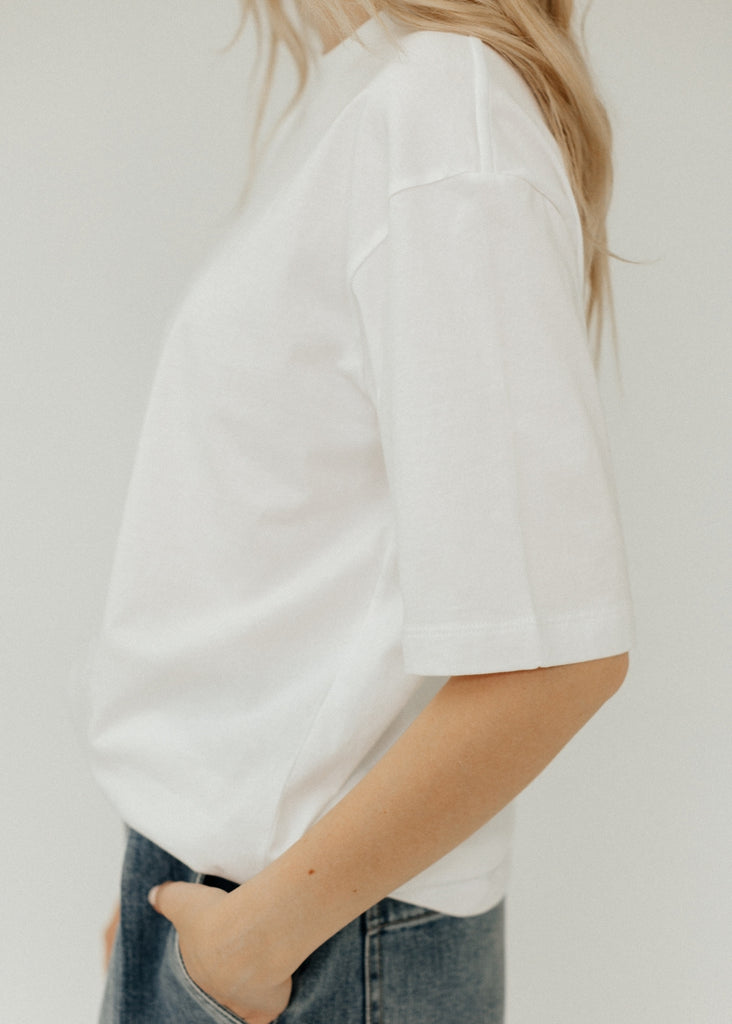 Tibi T-shirt Program Mock Neck Unisex T in White Detail | Tula's Online Boutique