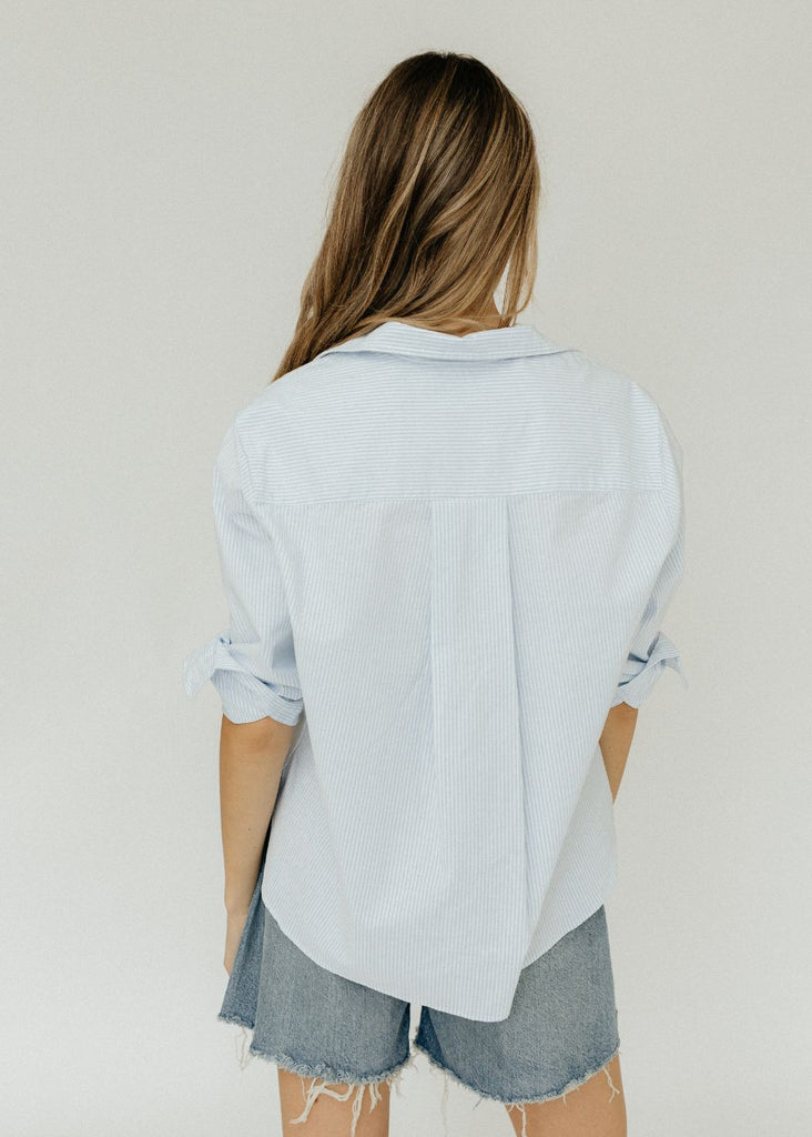 Frank & Eileen "Silvio" Button Up in Light Blue Stripe Back View | Tula's Online Boutique