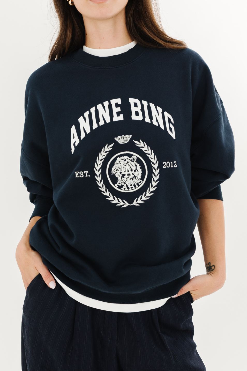 Anine Bing Miles Collegiate Sweatshirt in Dark Navy | Shop Tula