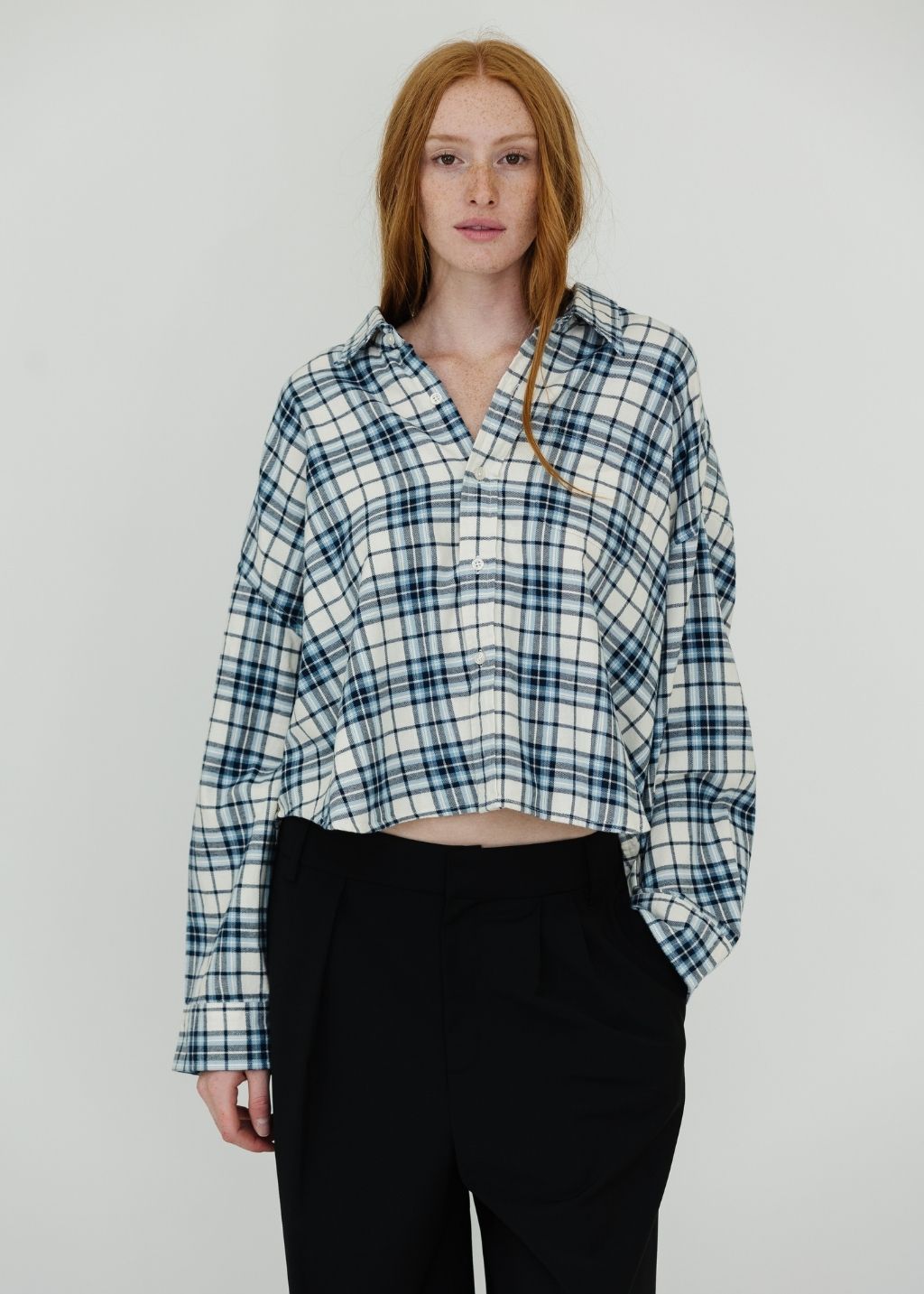 Denimist Cropped Button Front Shirt in Ecru/Light Blue Plaid | Shop Tula