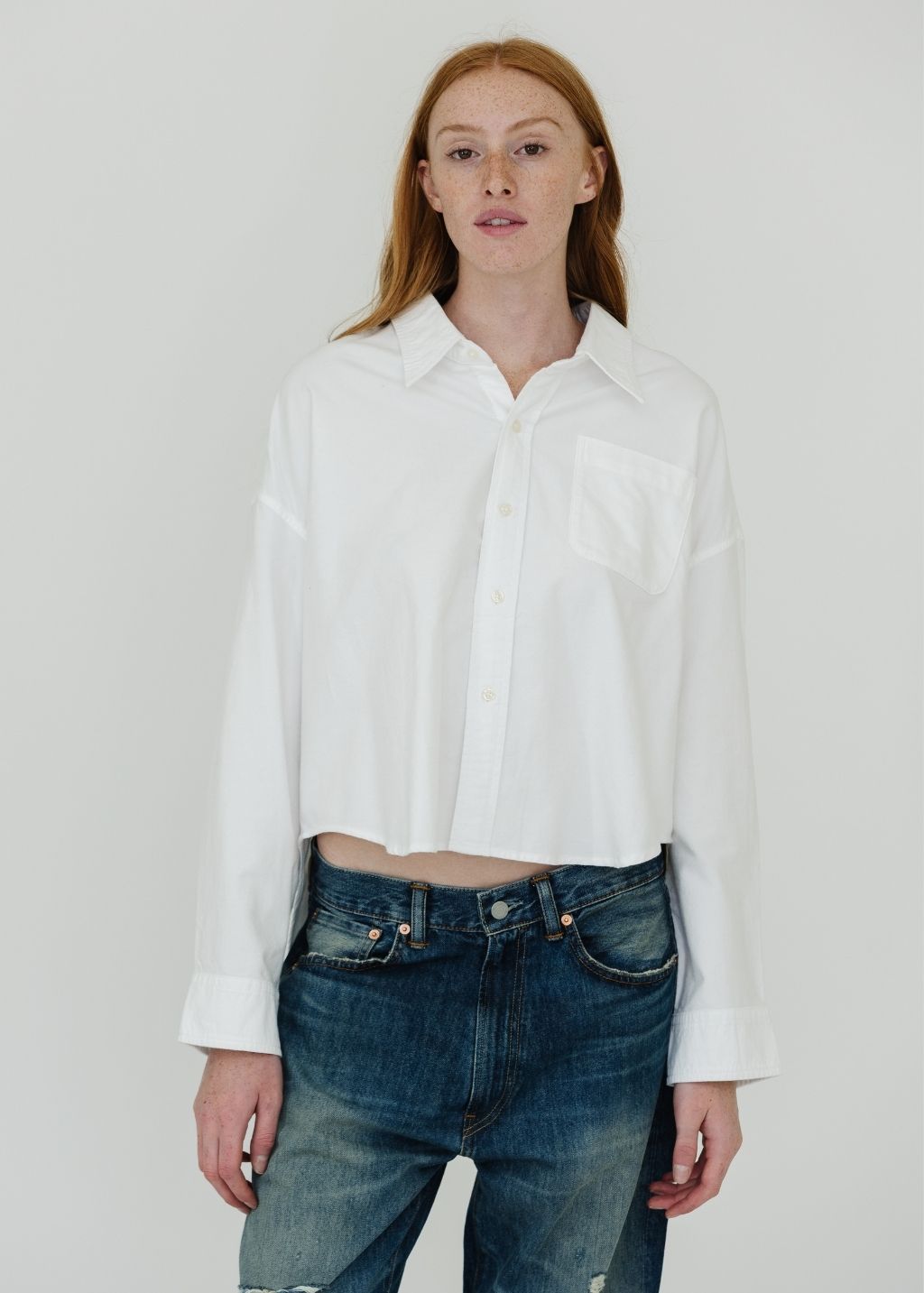 Denimist Cropped Button Front Shirt in White | Shop Tula