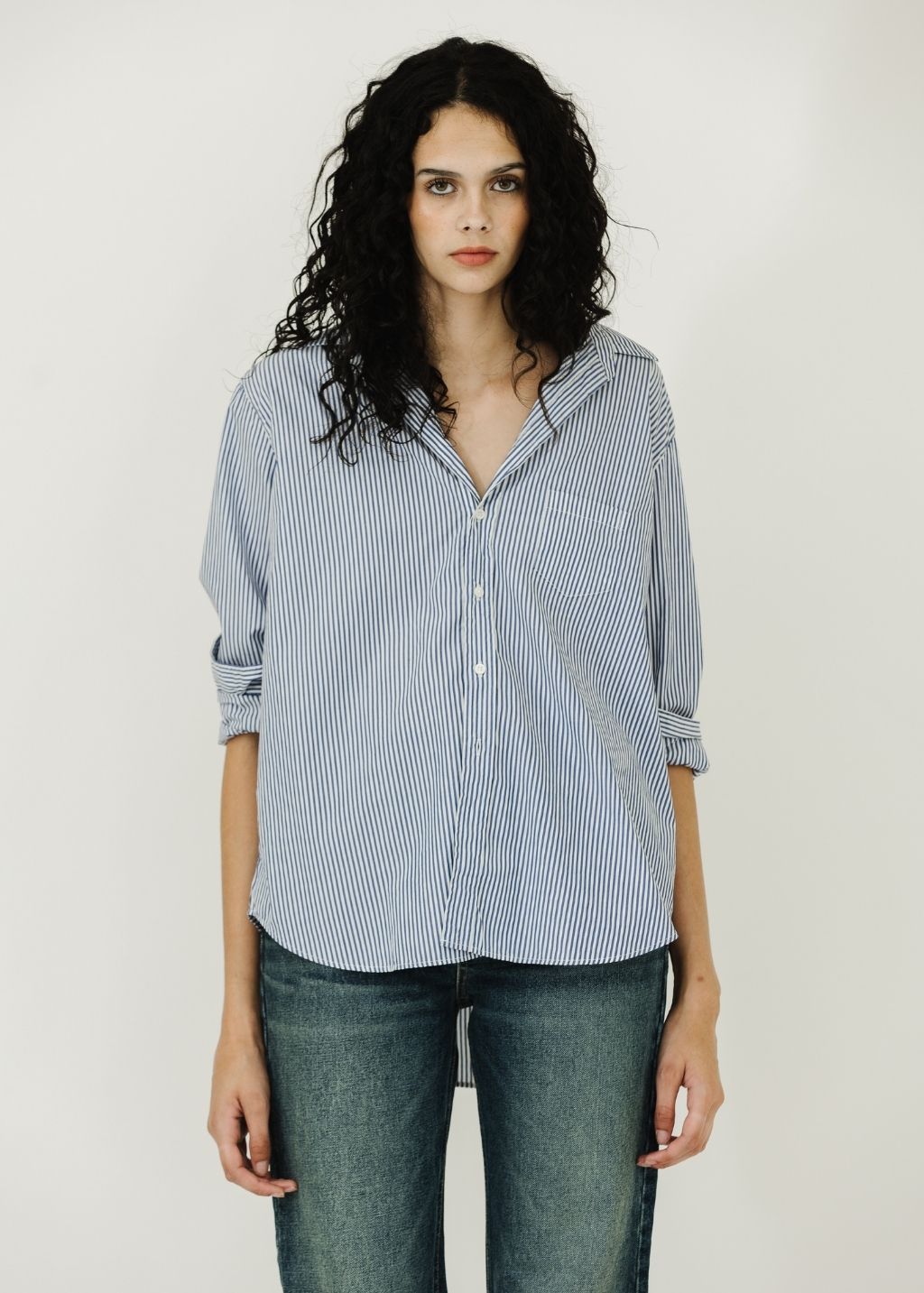 Frank & Eileen 'Eileen' Button-Up in MSRT Blue Stripe | Shop Tula