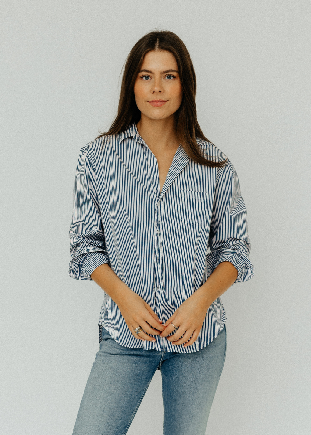 Frank & Eileen "Eileen" Button Up in Navy Thin Stripe | Shop Tula