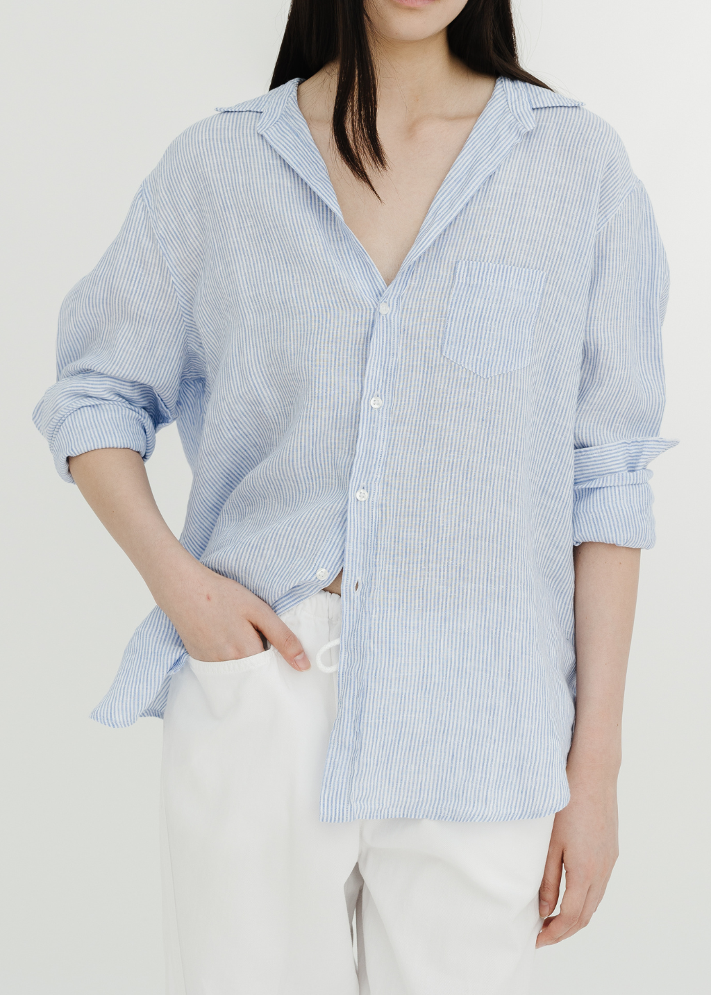 Frank & Eileen 'Eileen' Relaxed Button-Up in Navy Thin Stripe | Shop Tula