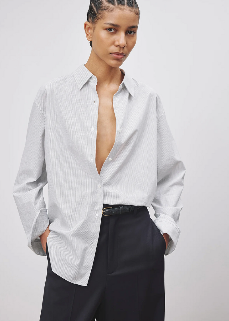 Nili Lotan Yorke Shirt in Thin Navy Stripe | Tula's Online Boutique