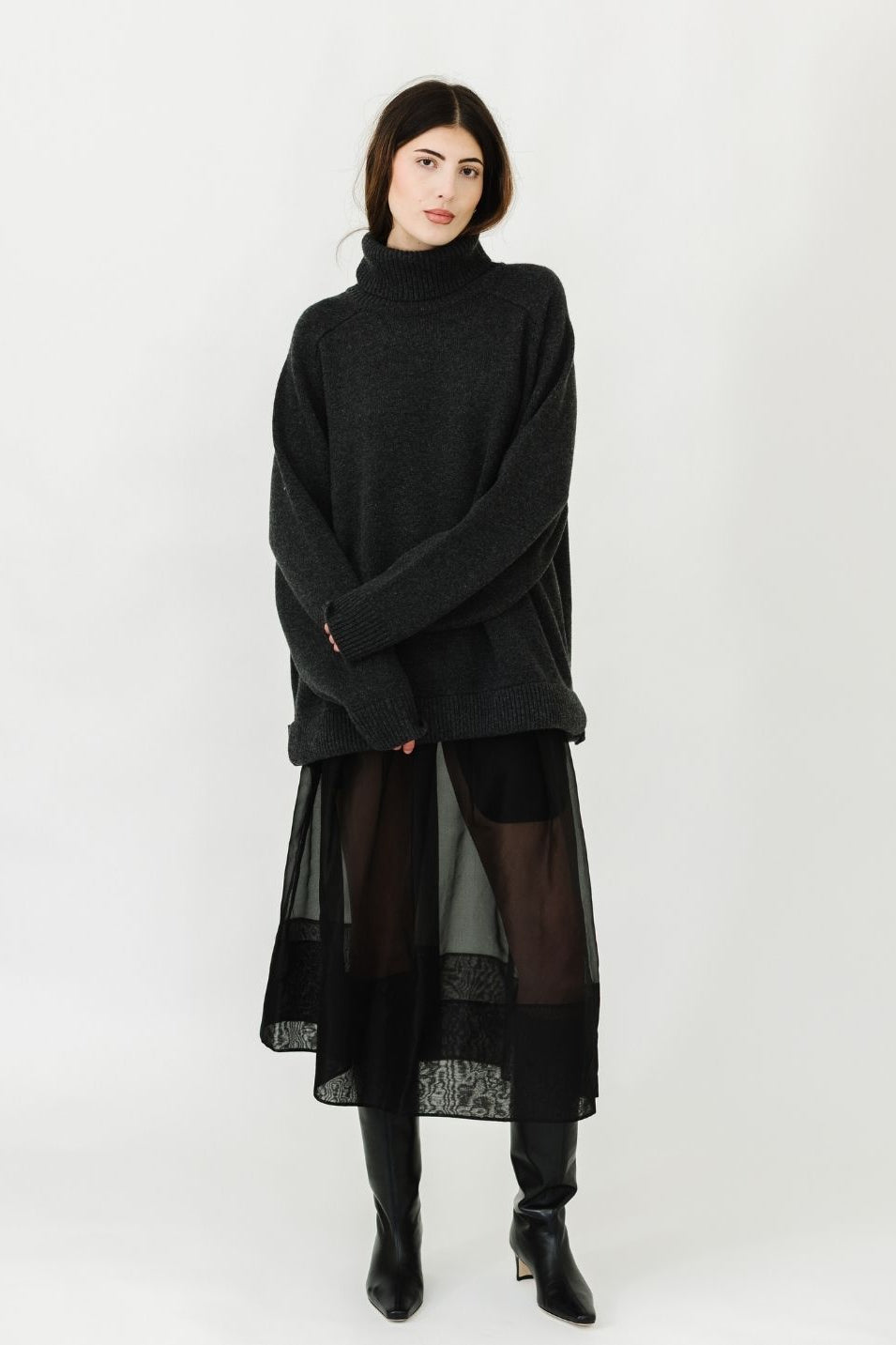 Tibi Cashmere Sweater TNeck Oversized Pullover in Dark Grey | Shop Tula