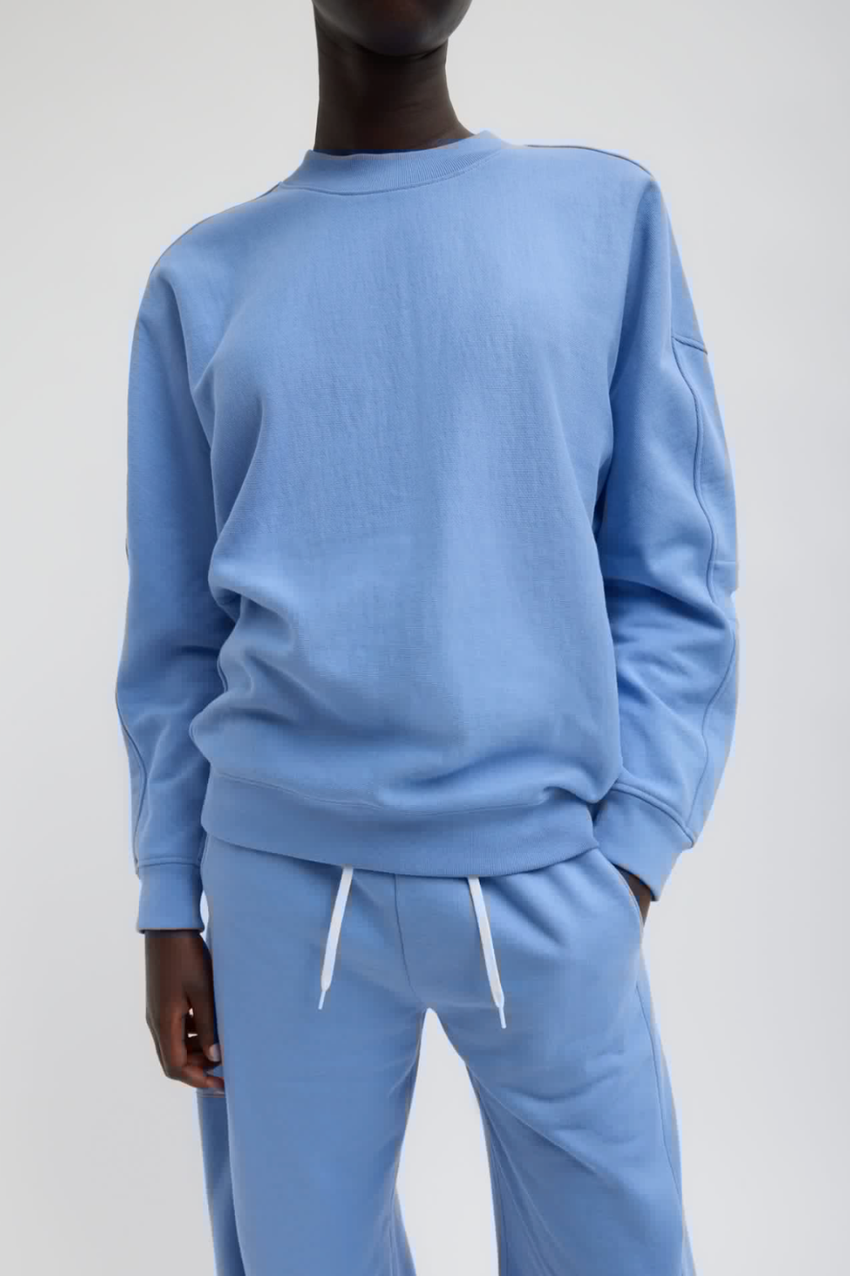 Tibi Cocoon Crewneck Sweatshirt in Light Blue | Shop Tula