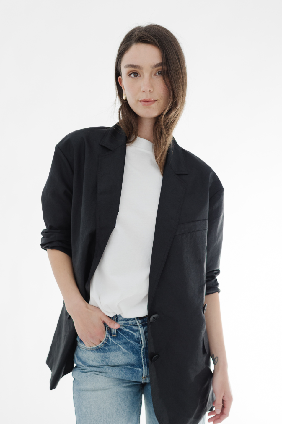 Tibi Crispy Nylon Liam Blazer in Black | Shop Tula