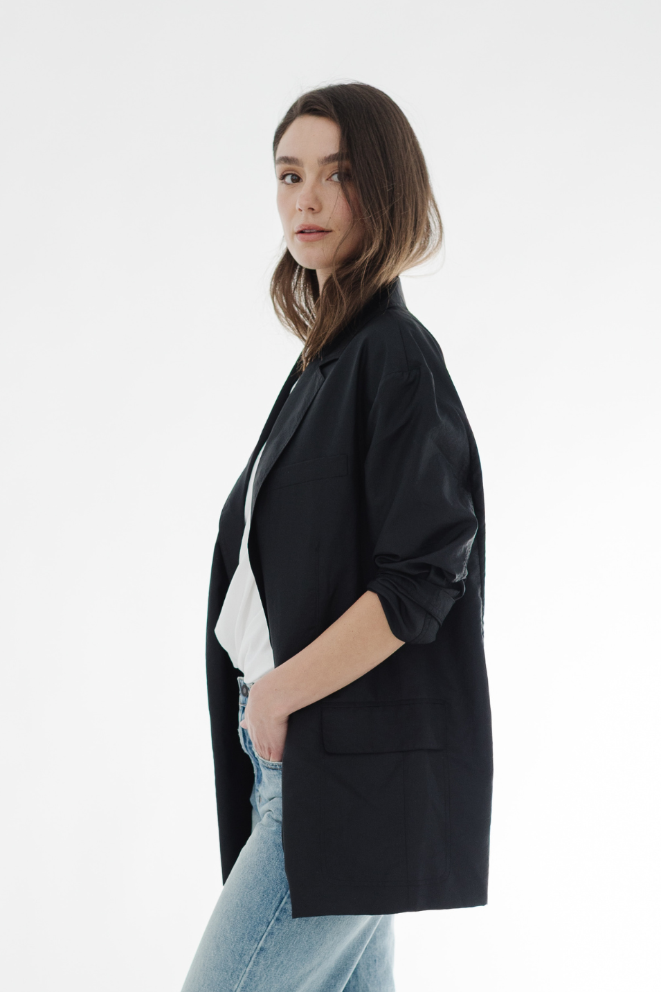 Tibi Crispy Nylon Liam Blazer in Black | Shop Tula