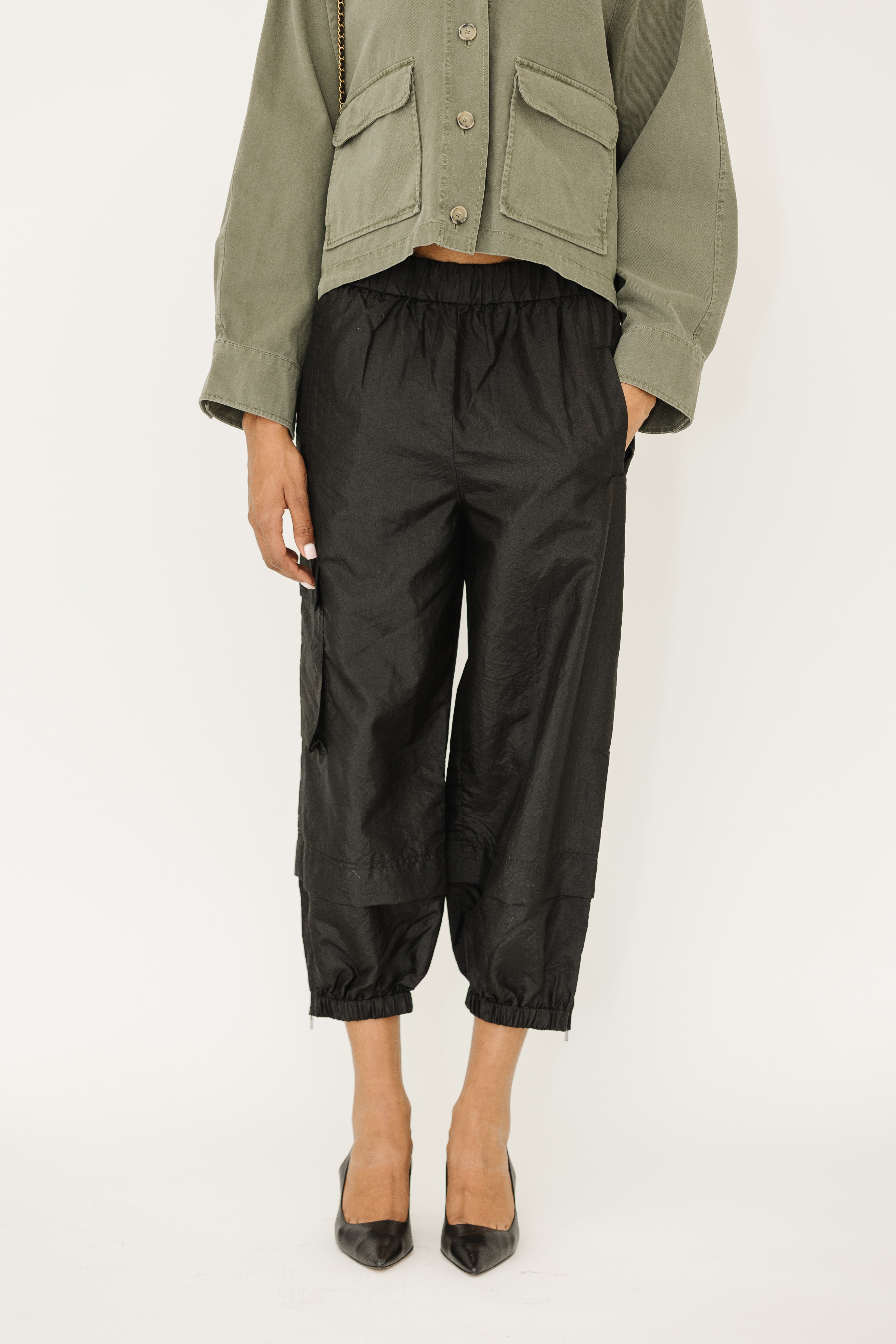 Tibi Crispy Nylon Wilt Pull On Jogger in Black | Shop Tula
