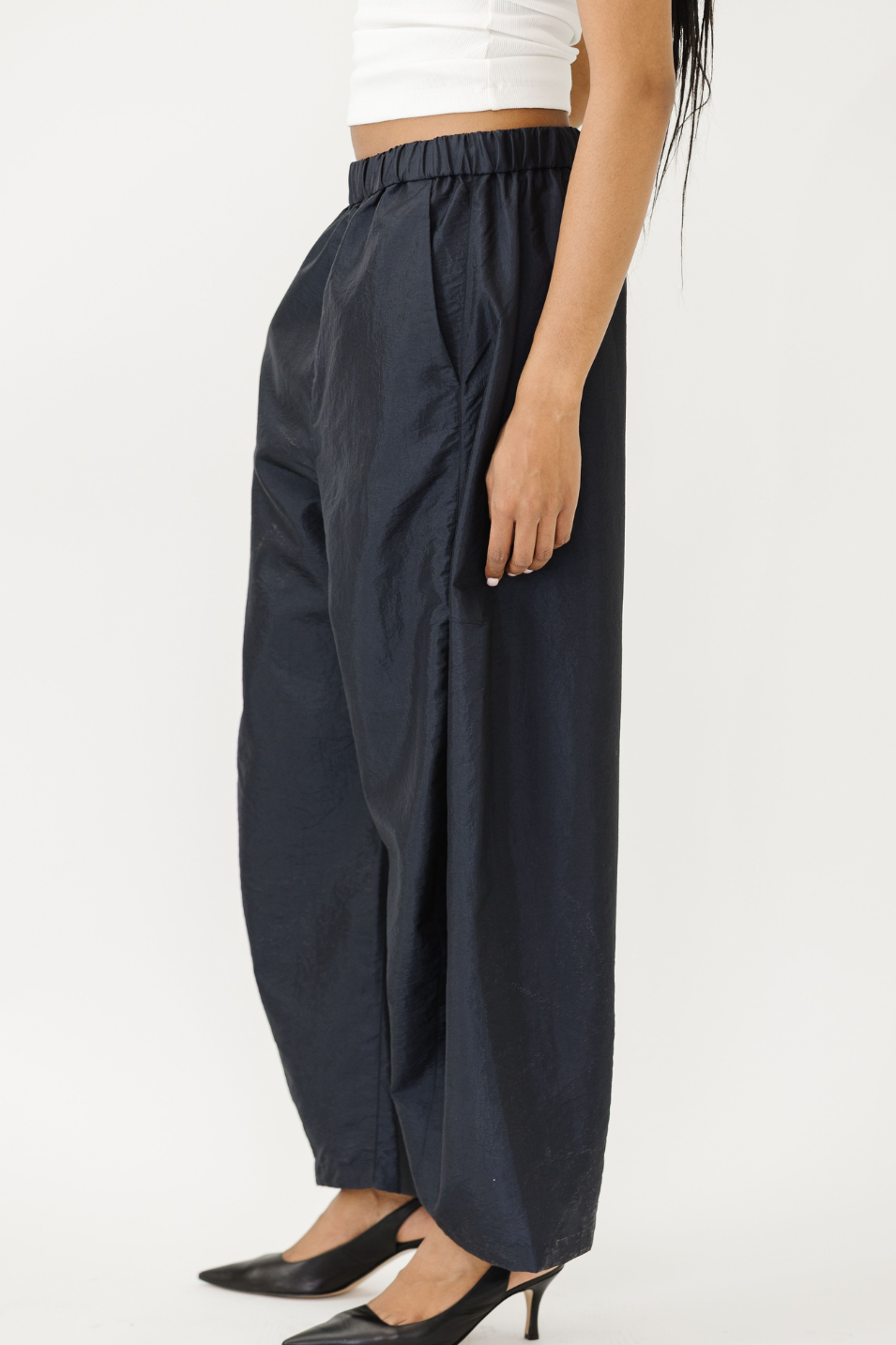 Tibi Crispy Nylon Winslow Pant in Navy | Shop Tula