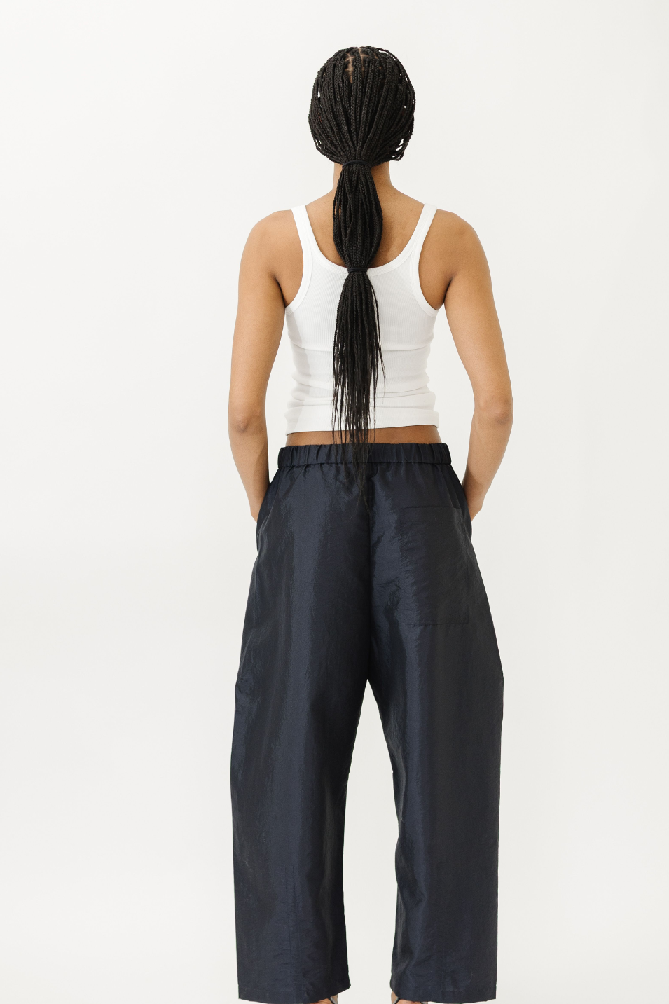 Tibi Crispy Nylon Winslow Pant in Navy | Shop Tula