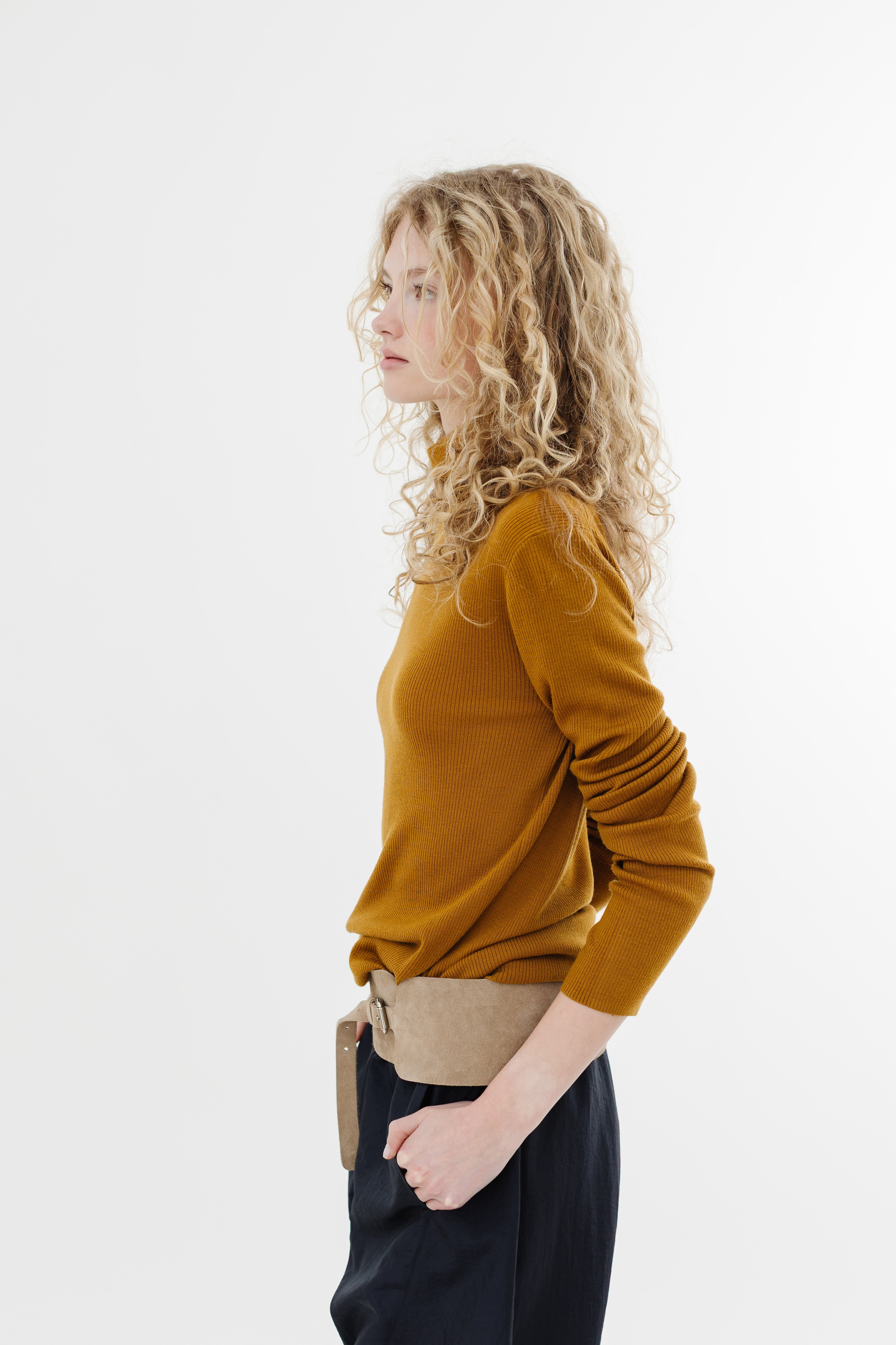 Tibi Feather Weight Ribbed Turtle Neck Pullover in Ochre | Shop Tula