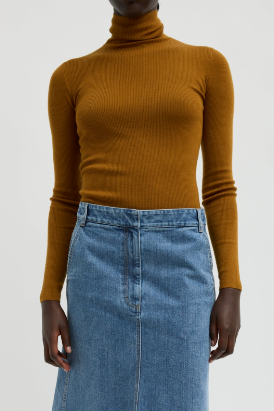 Tibi Feather Weight Ribbed Turtle Neck Pullover in Ochre | Shop Tula