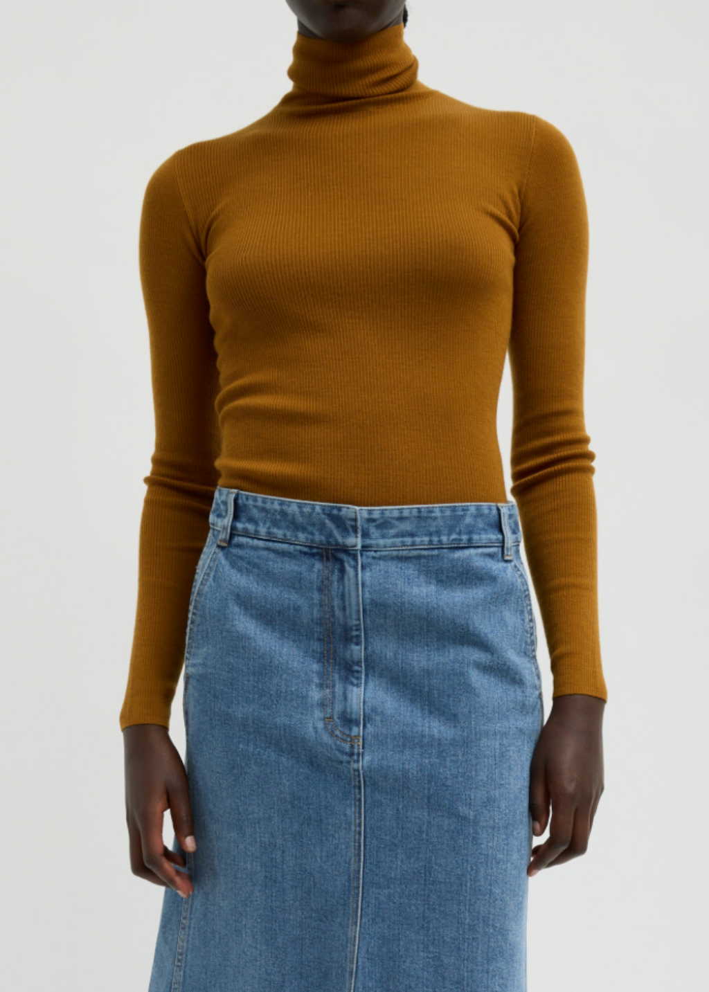 Tibi Feather Weight Ribbed Turtle Neck Pullover in Ochre | Shop Tula