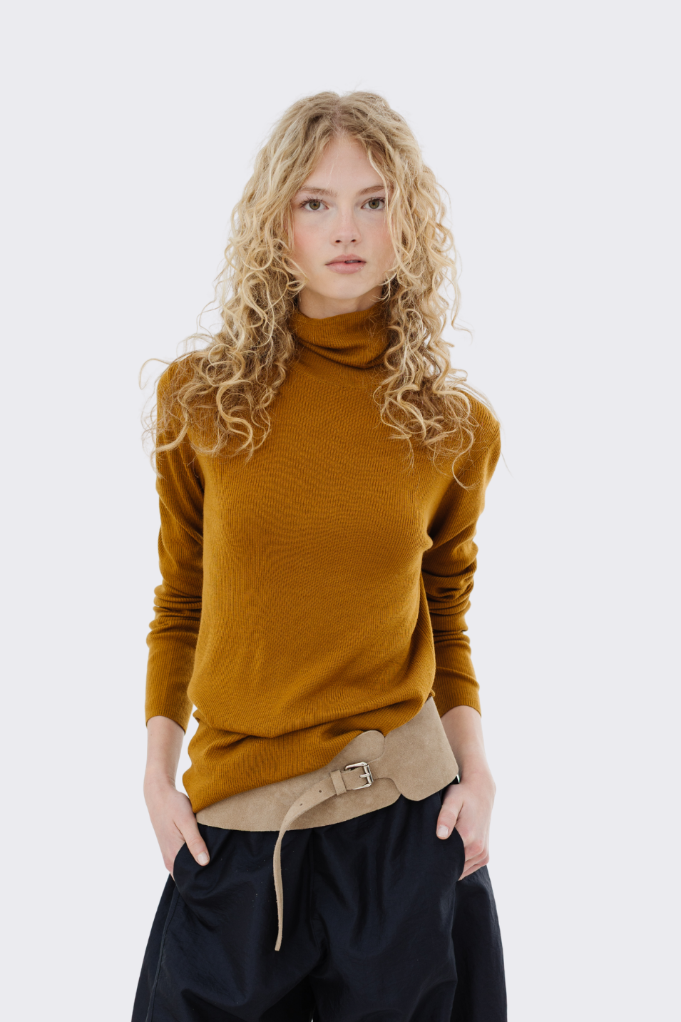 Tibi Feather Weight Ribbed Turtle Neck Pullover in Ochre | Shop Tula