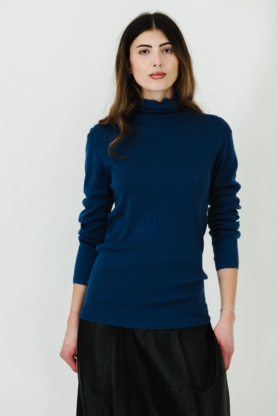 Tibi Feather Weight Ribbed Turtle Neck Pullover in Seal | Shop Tula