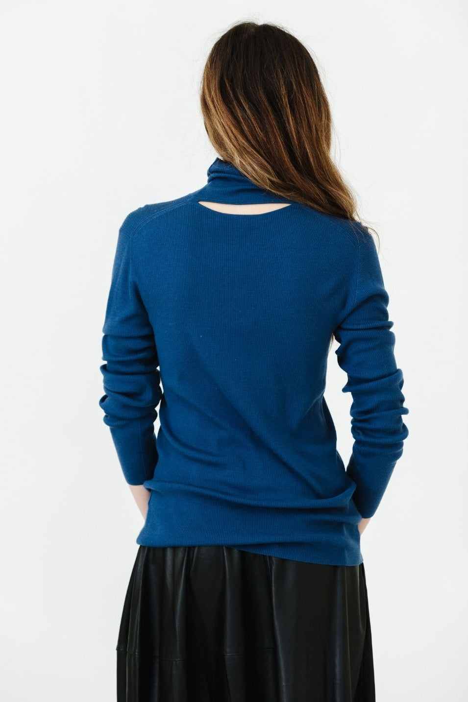 Tibi Feather Weight Ribbed Turtle Neck Pullover in Seal Back | Shop Tula