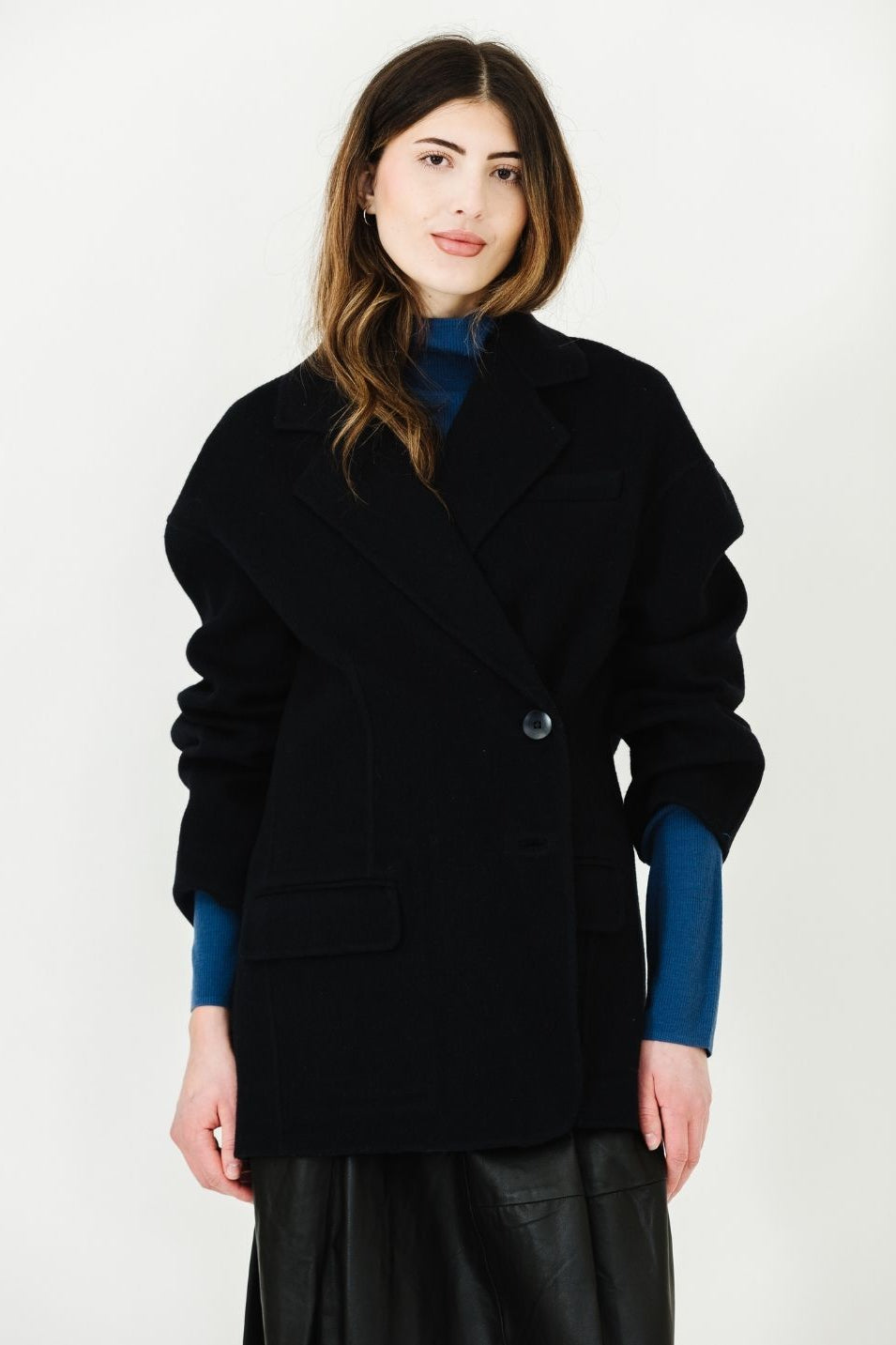 Tibi Feather Weight Ribbed Turtle Neck Pullover in Seal Blue | Shop Tula