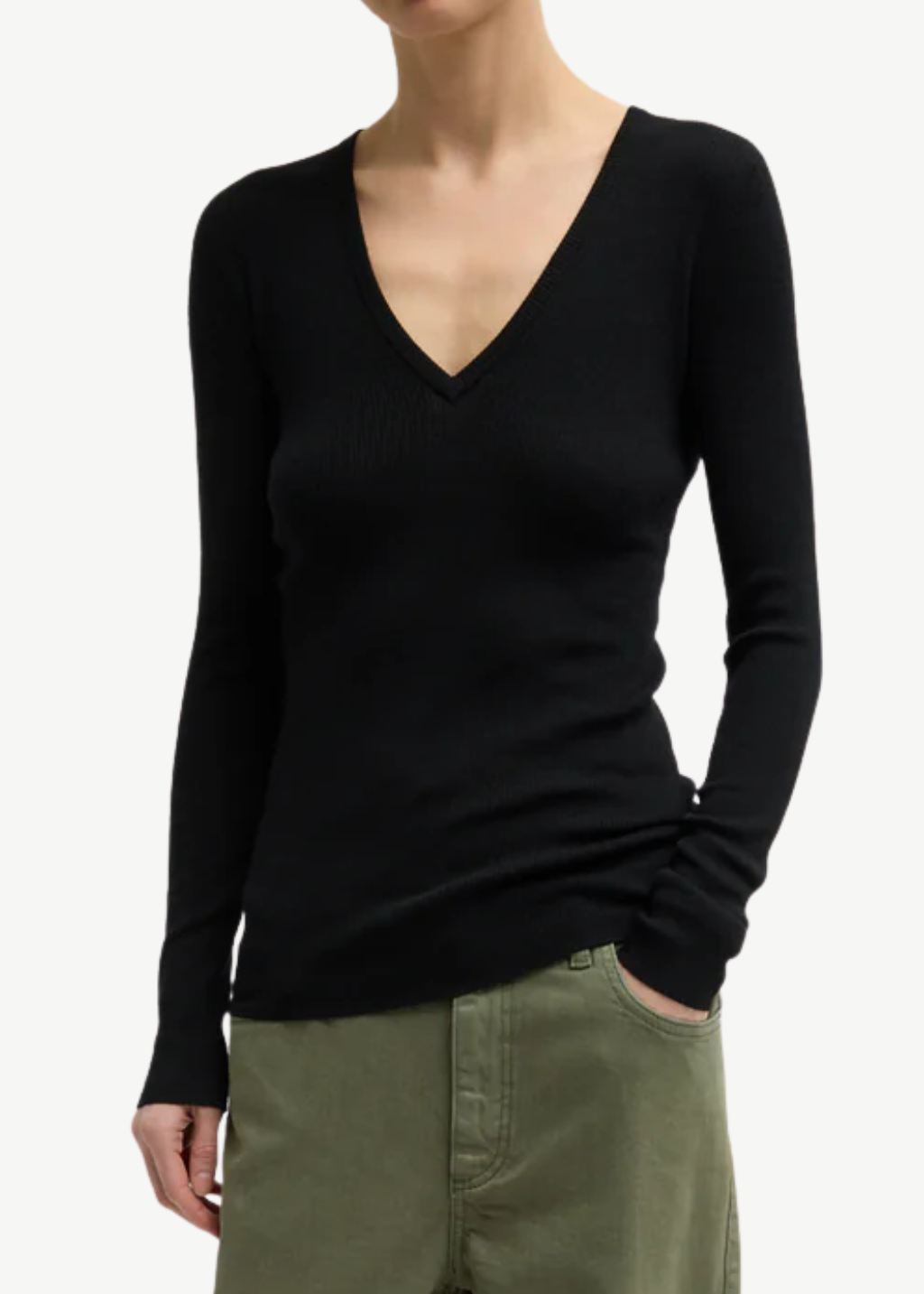Tibi Feather Weight Ribbed V Neck Pullover in Black | Shop Tula