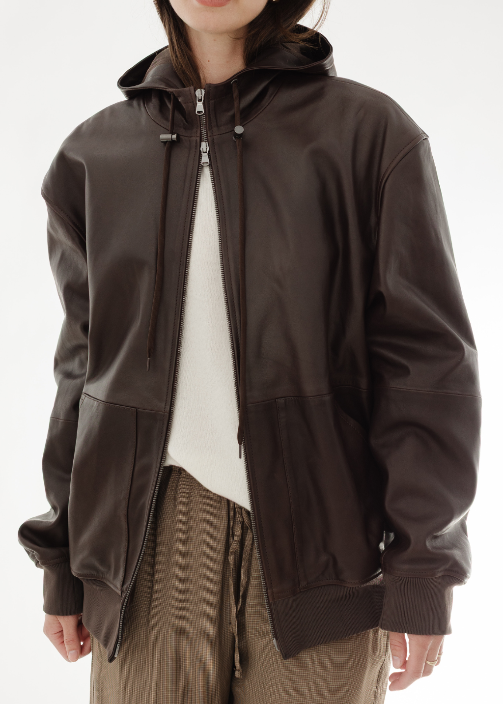 Tibi Leather Zip Up Hoodie Jacket | Shop Tula