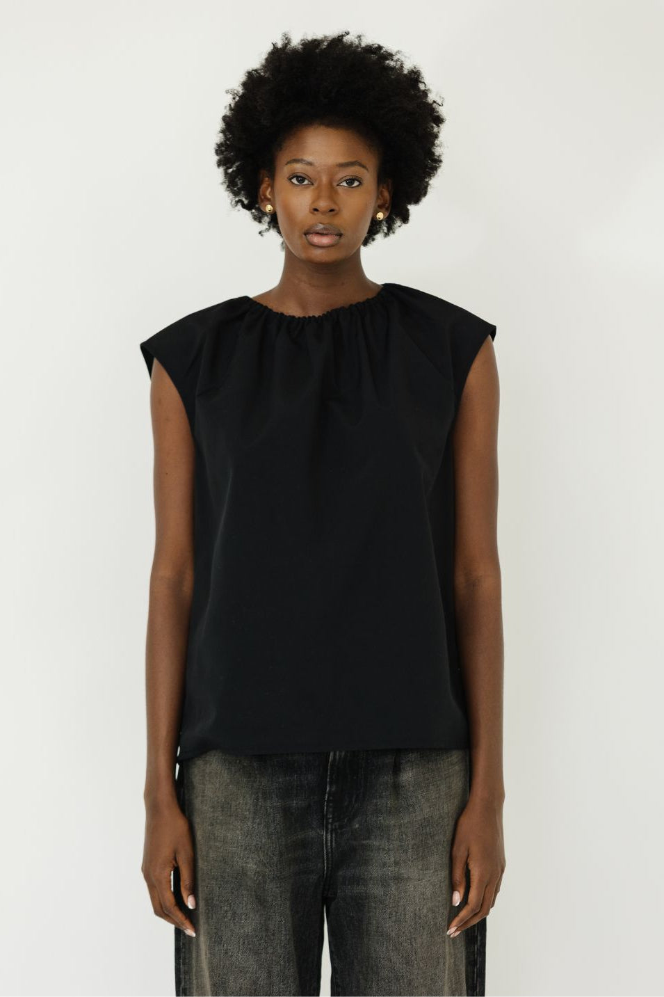 Tibi Lotte Nylon Shirred Neck Top in Black | Shop Tula