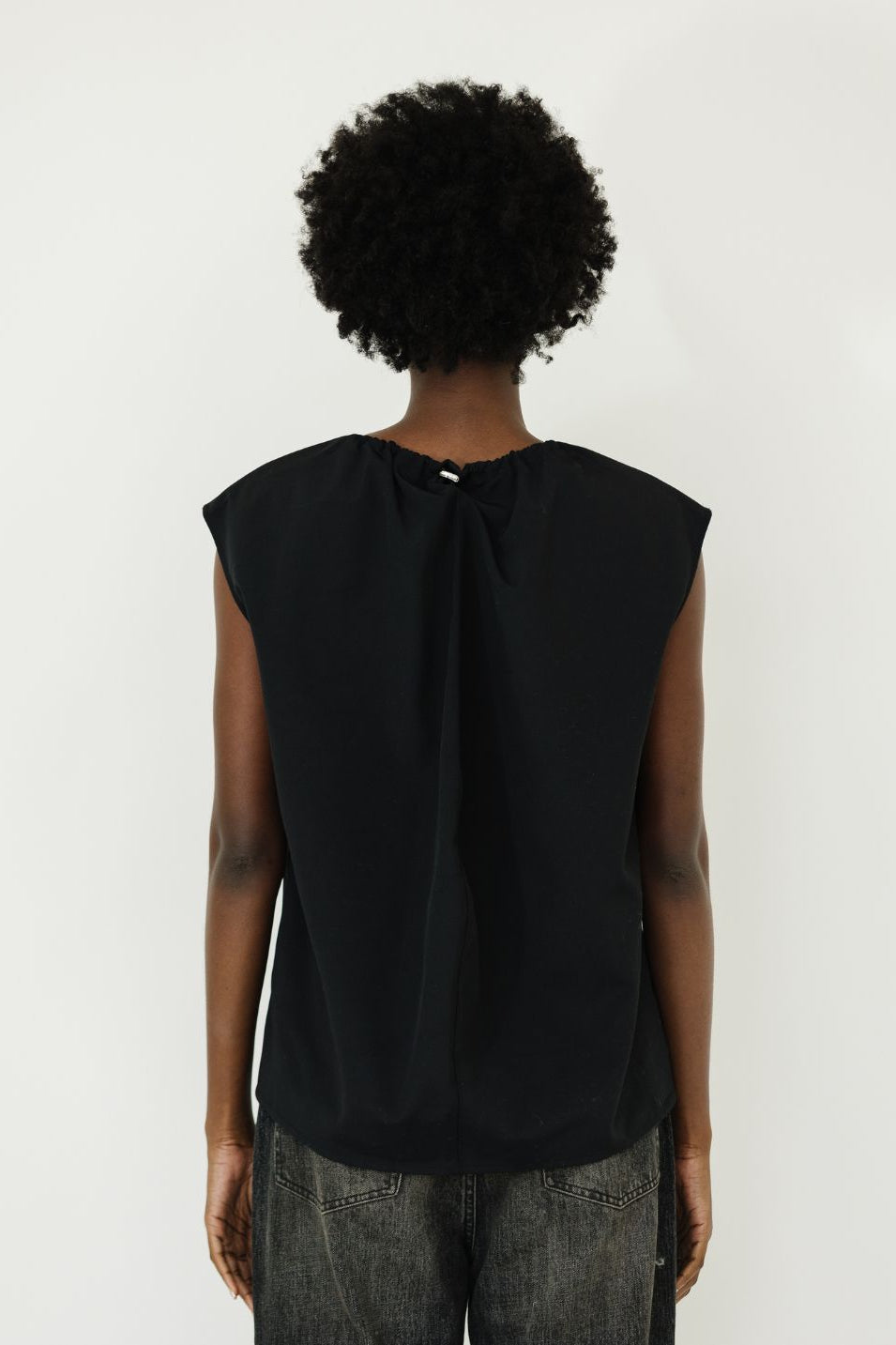 Tibi Lotte Nylon Shirred Neck Top in Black Back | Shop Tula