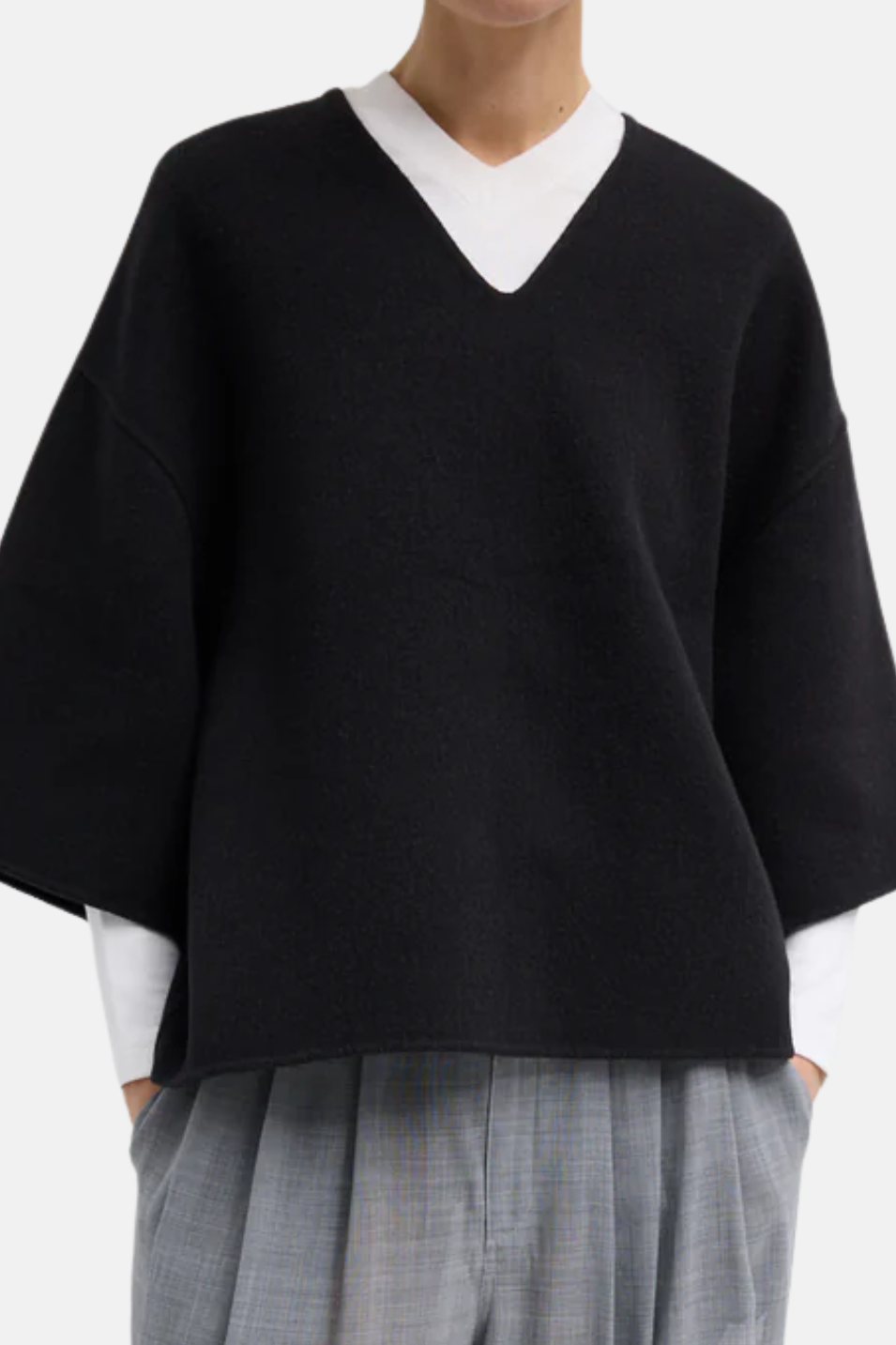 Tibi Luxe Double Faced Wool Angora V-Neck in Black | Shop Tula