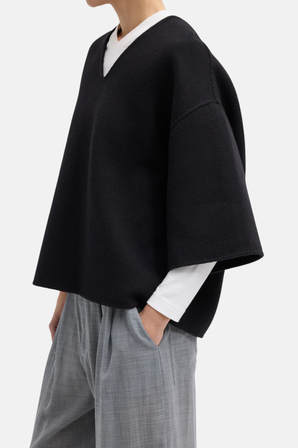 Tibi Luxe Double Faced Wool Angora V-Neck in Black | Shop Tula