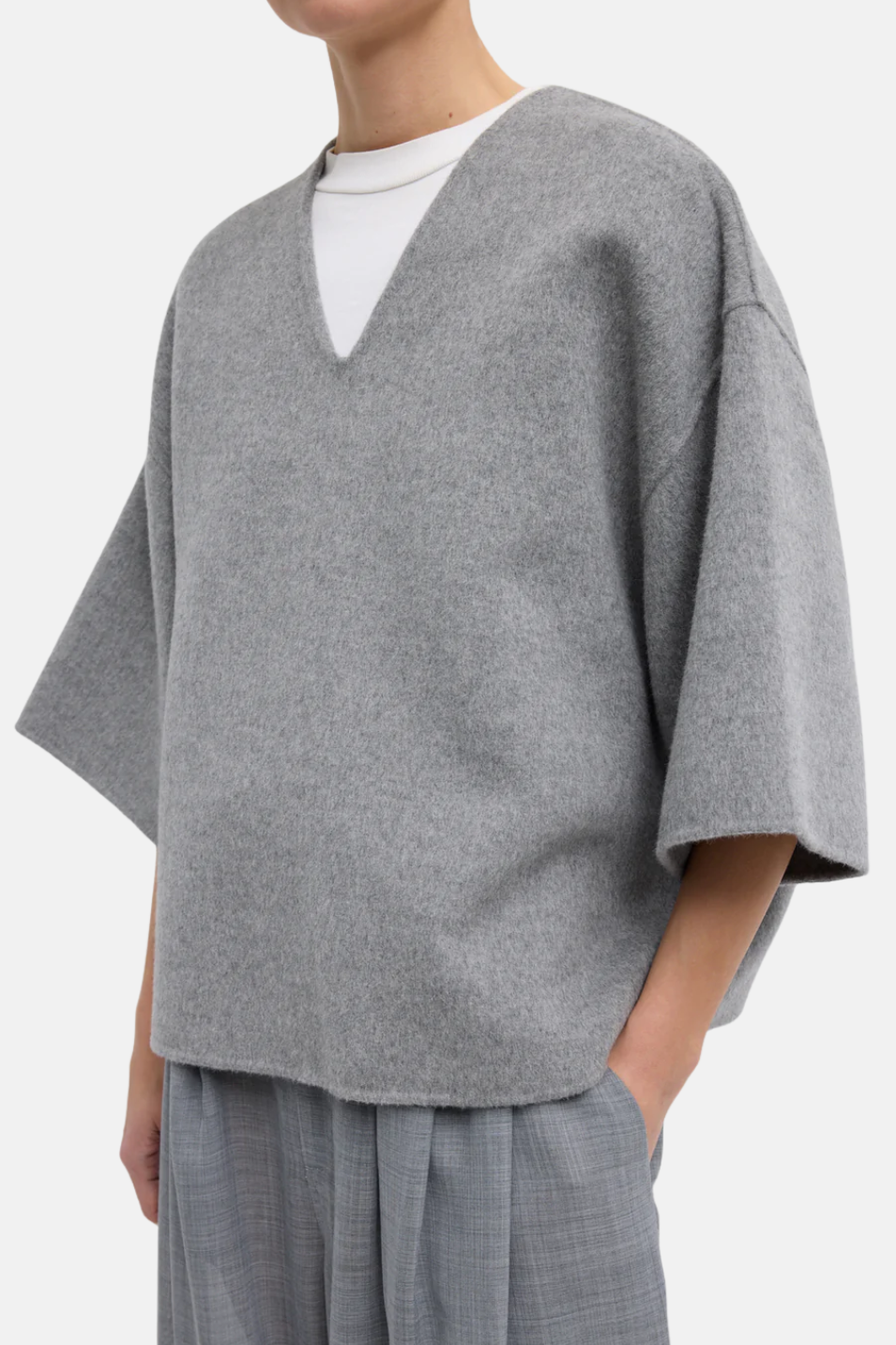Tibi Luxe Double Faced Wool Angora V-Neck in Heather Grey | Shop Tula