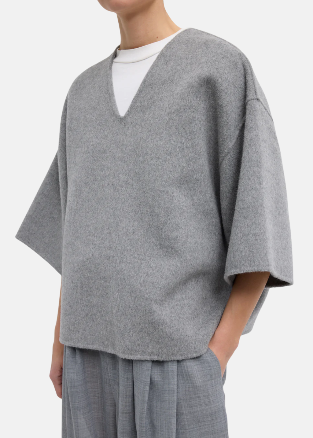 Tibi Luxe Double Faced Wool Angora V-Neck in Heather Grey | Shop Tula