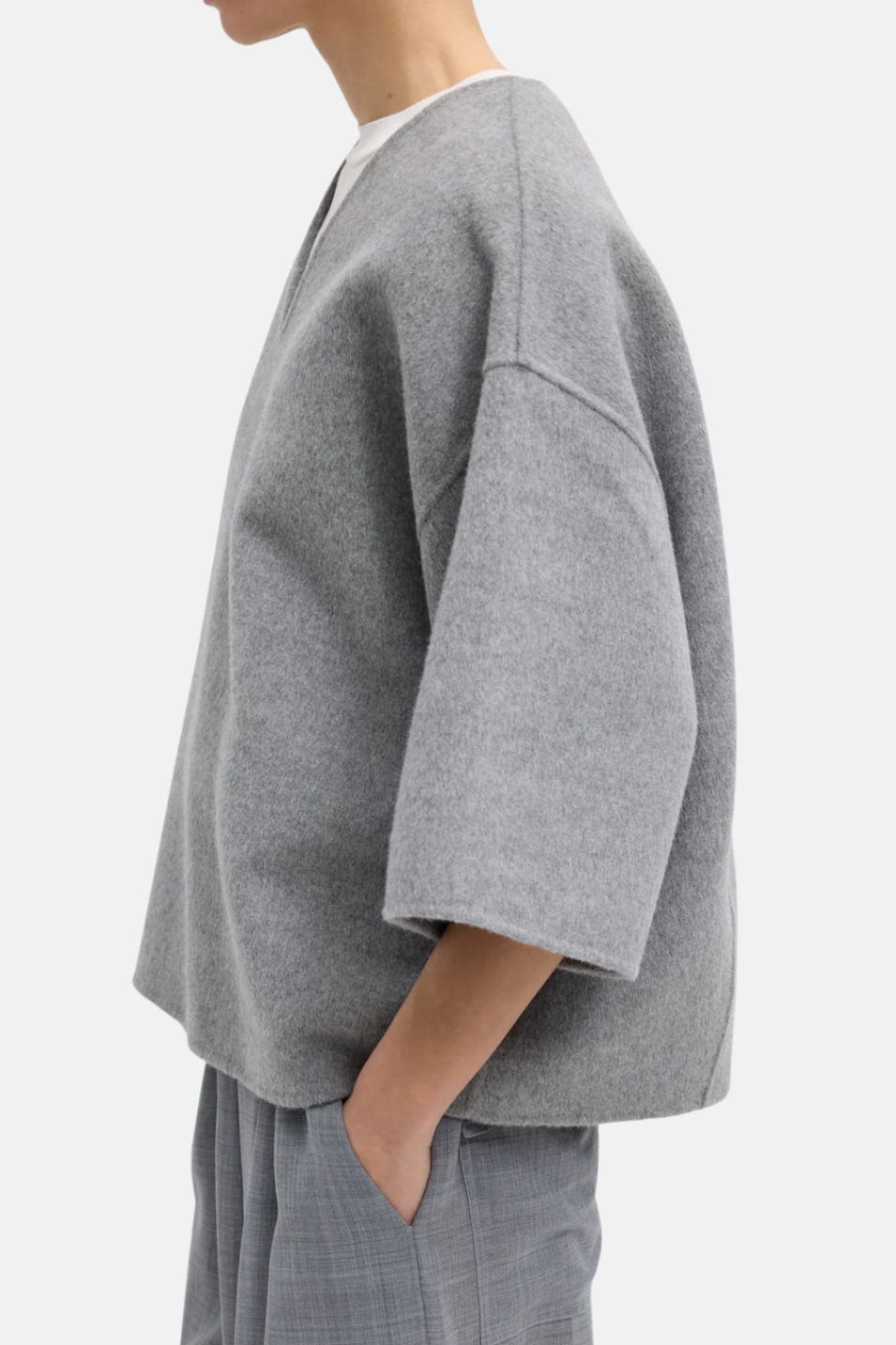 Tibi Luxe Double Faced Wool Angora V-Neck in Heather Grey | Shop Tula