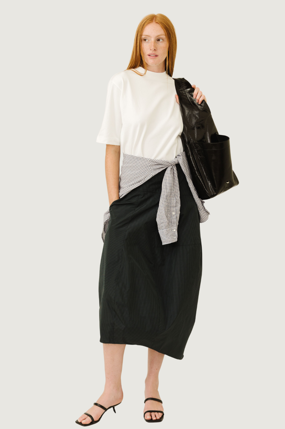 Tibi Menswear Nylon Asymmetrical Balloon Skirt in Navy Multi | Shop Tula