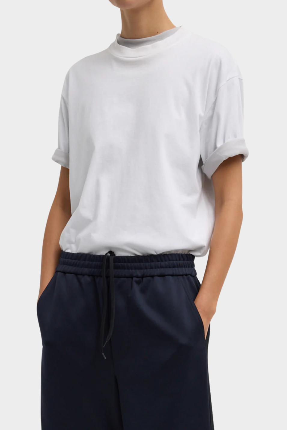 Tibi Mock Neck Unisex T-Shirt in White | Shop Tula