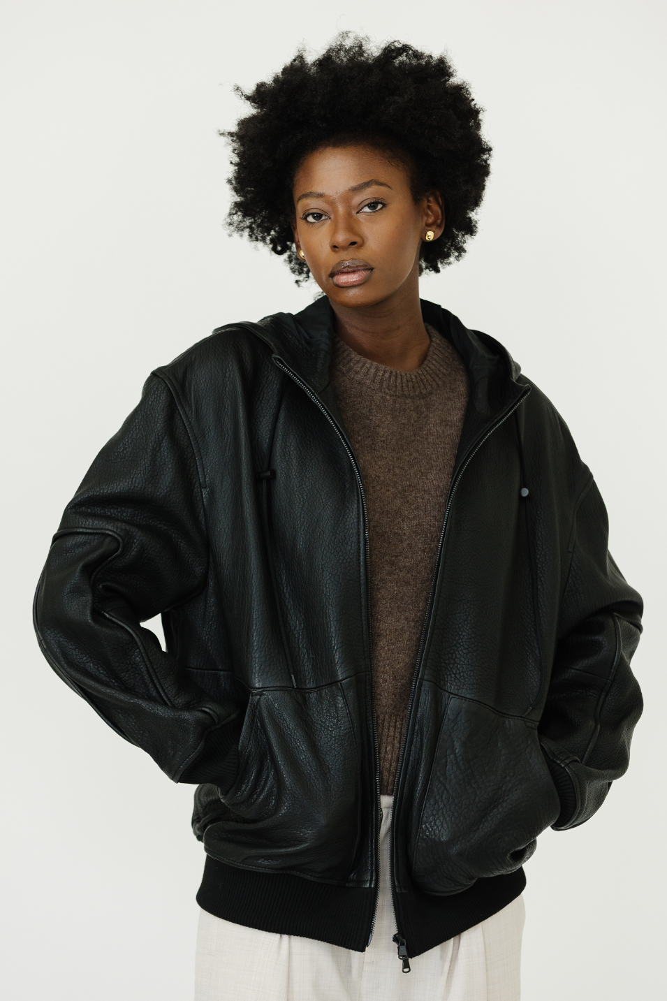 Tibi Pebbled Leather Zip Up Hoodie Jacket | Shop Tula