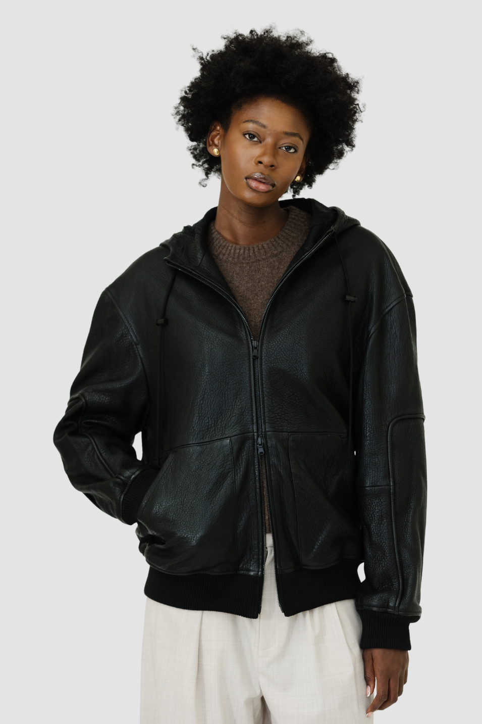 Tibi Pebbled Leather Zip Up Hoodie Jacket | Shop Tula