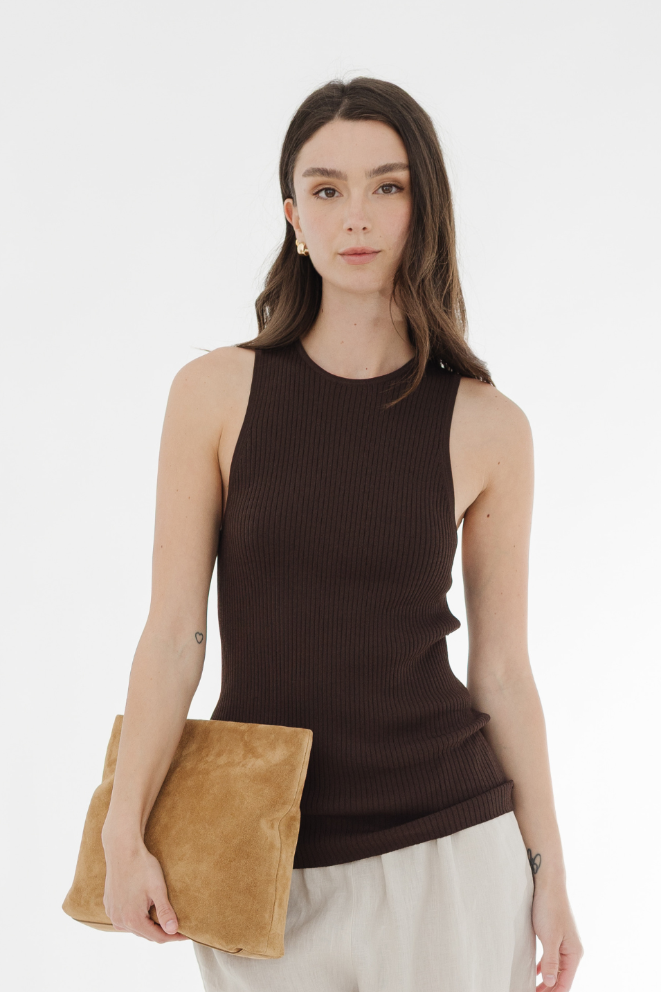 Tibi Ribbed Sweater Cut Out Tank in Brown | Shop Tula