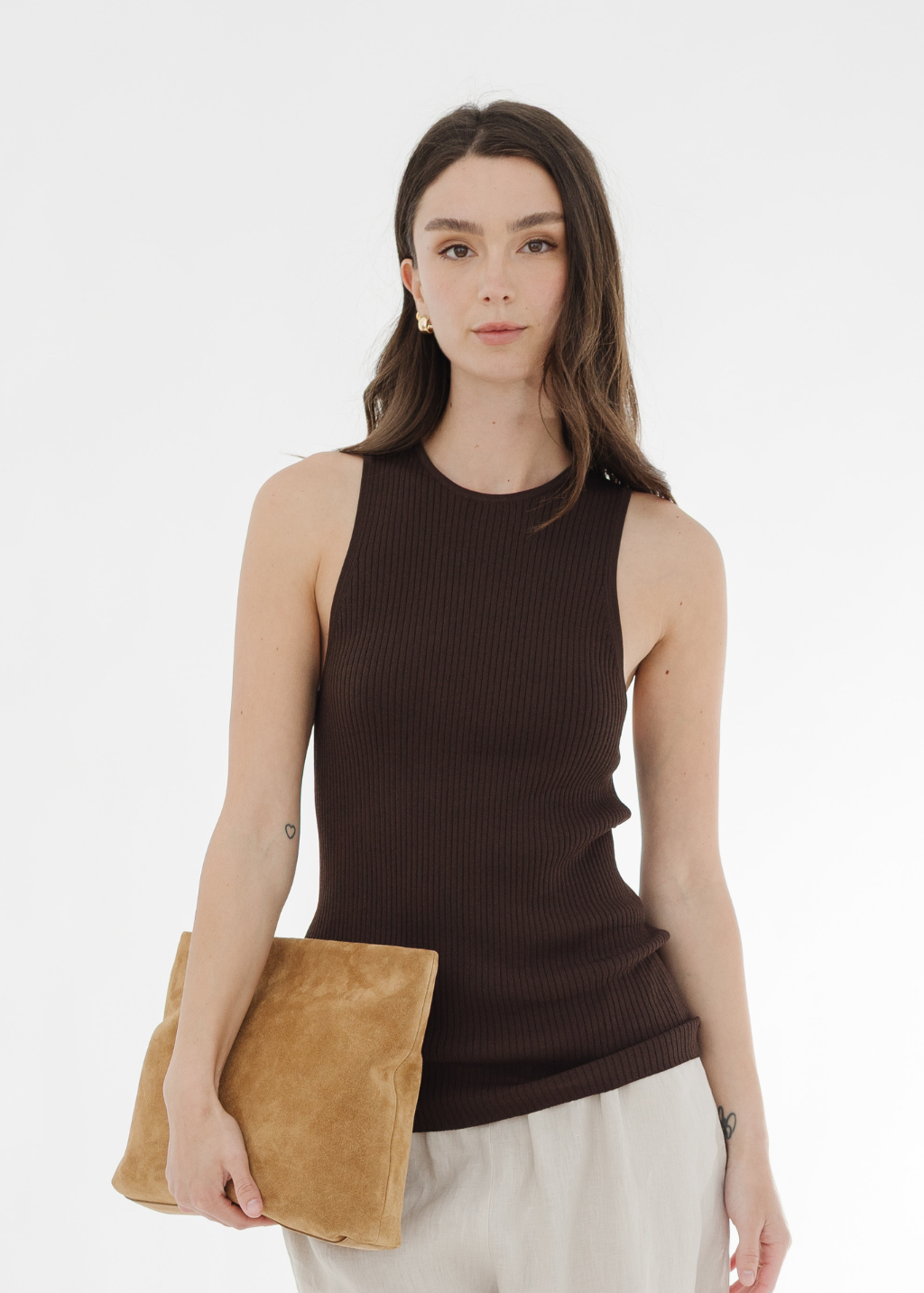 Tibi Ribbed Sweater Cut Out Tank in Brown | Shop Tula