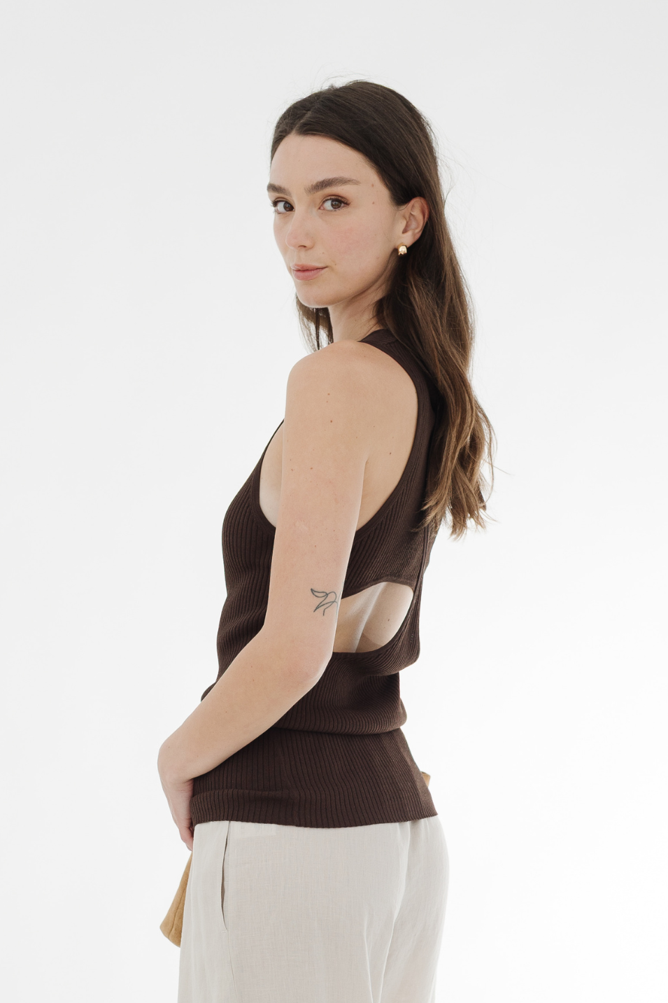 Tibi Ribbed Sweater Cut Out Tank in Brown | Shop Tula