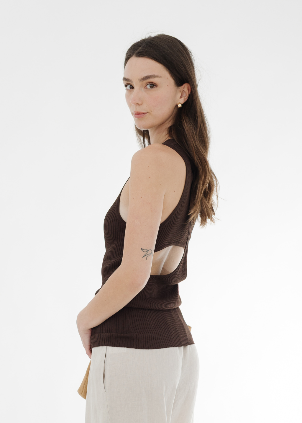 Tibi Ribbed Sweater Cut Out Tank in Brown | Shop Tula