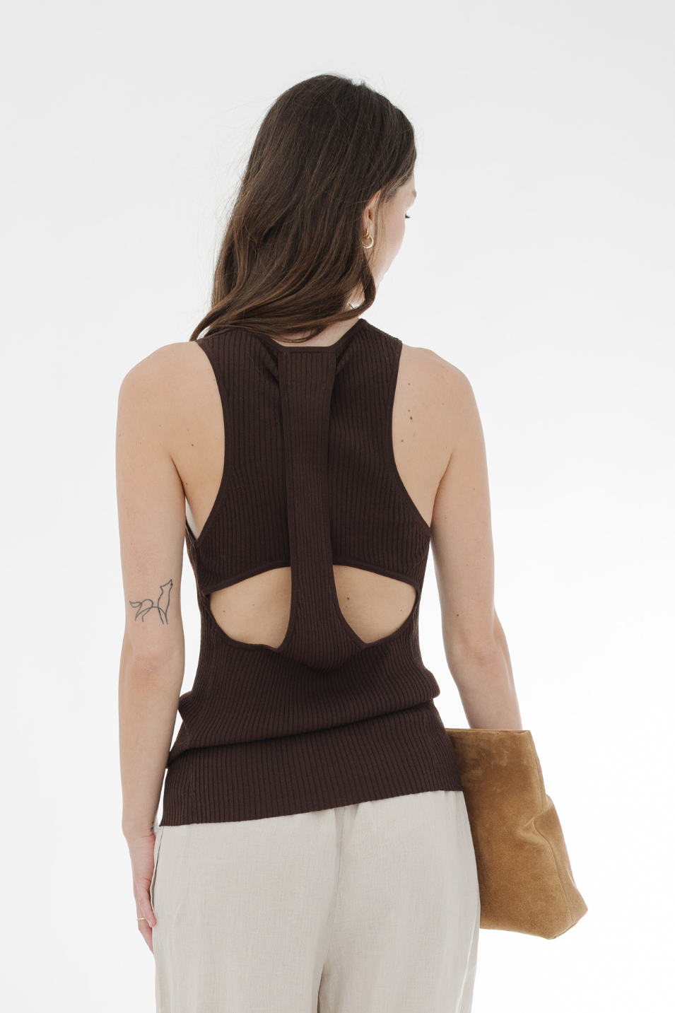 Tibi Ribbed Sweater Cut Out Tank in Brown | Shop Tula